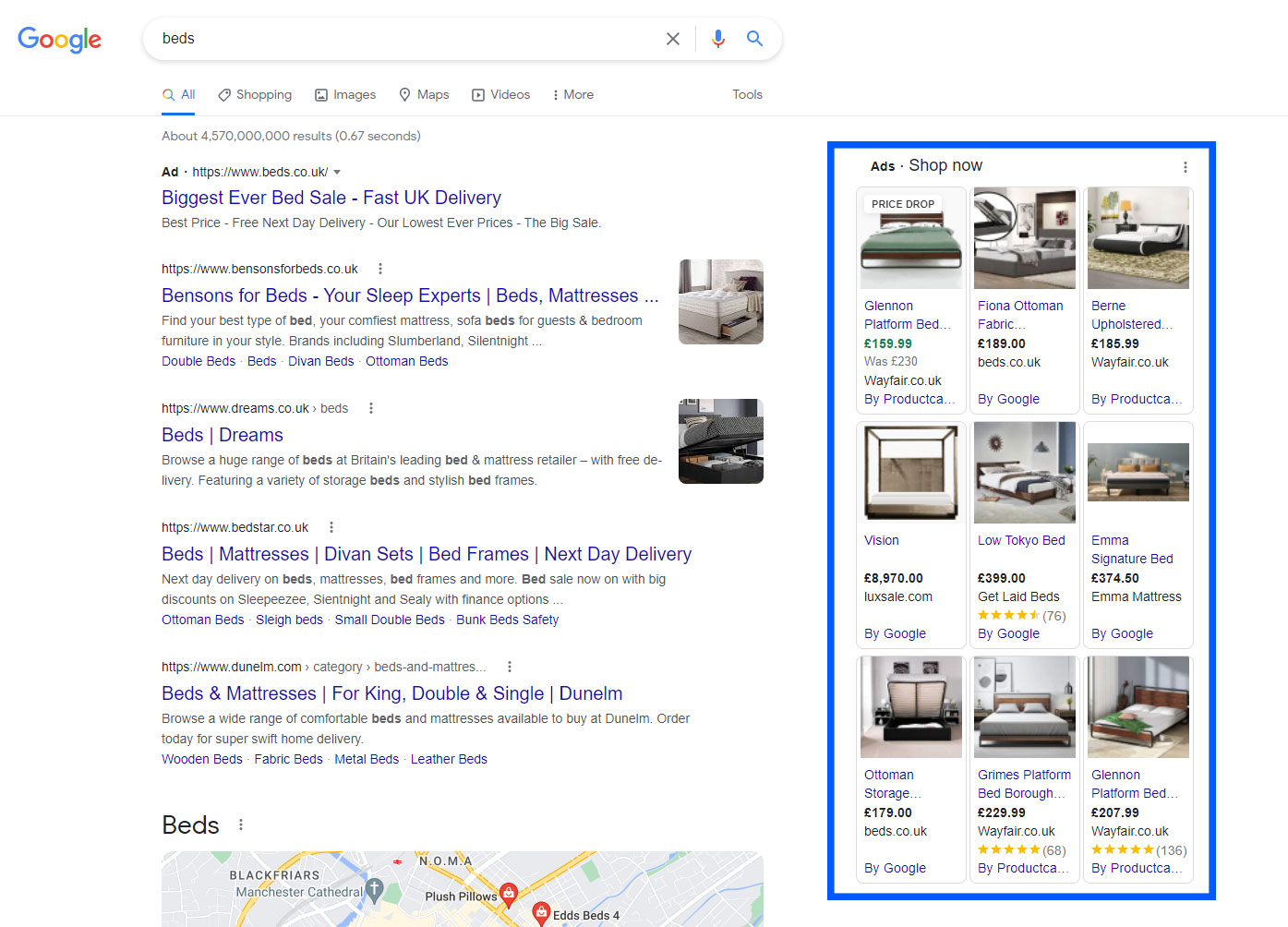 Example of Google Shopping listings appearing on search results